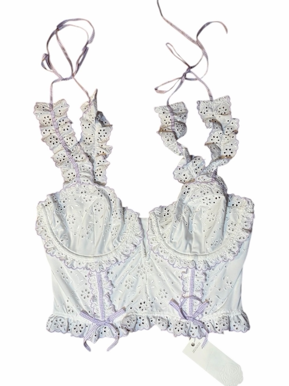 Eyelet Lace Longline Bustier in White with Lilac Trim